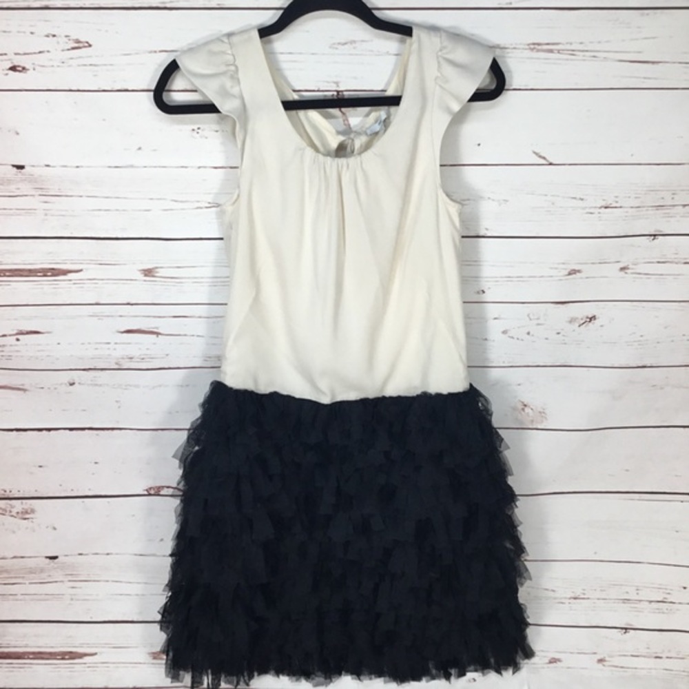 Gap Ivory Black Mesh Ruffle Flutter Sleeve Dress Size 0 Wedding Summer Party‎